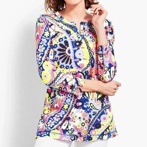 TALBOTS Womens Sz XL Multicolor Printed 3/4 Sleeve UPF 50 PIQUE TUNIC TOP Cotton